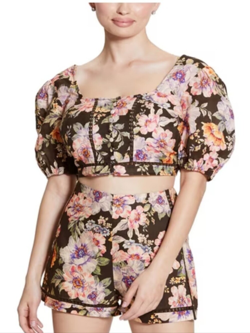 Guess Floral Two-Piece Shorts Set in Black, Pink, Purple